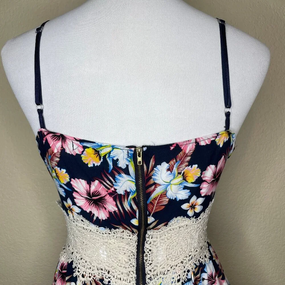 MAZE Tropical Floral Romper Lace Waist XL Navy Blue